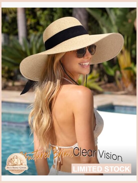 Wide Brim Straw Sun Hat Floppy UPF 50+ Foldable Packable Beach Waterproof